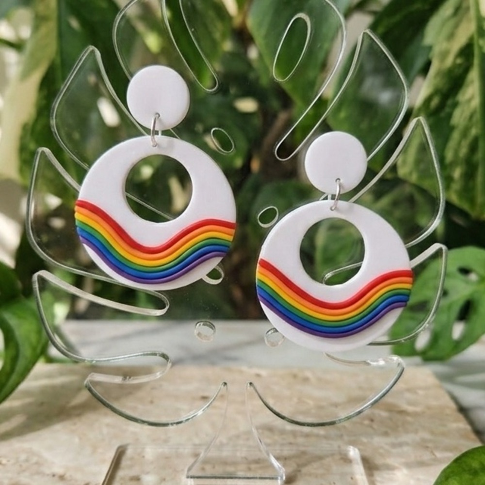 Geometric Rainbow Stud Dangles - Handmade Earrings - Black or White Base